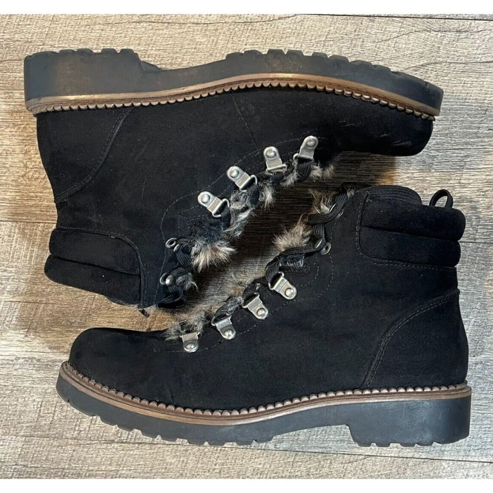 Esprit Cassia Women's Size 7.5 Fashion Ankle Boot Black Faux Suede With Fur Trim